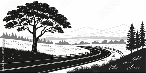 A serene landscape with a lone tree standing tall on a hill overlooking a calm river. Vector