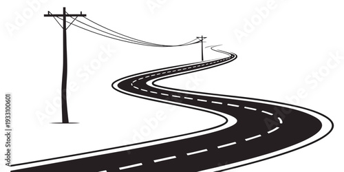 A winding road with a streetlight and a signpost on a clear day Vector
