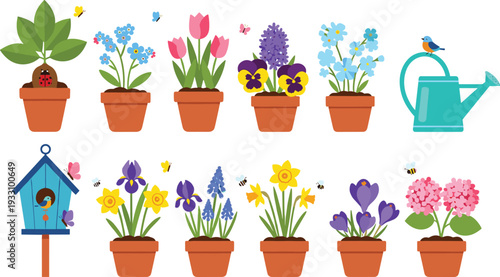 Spring potted flowers collection with garden plants watering can and decorative botanical illustrations