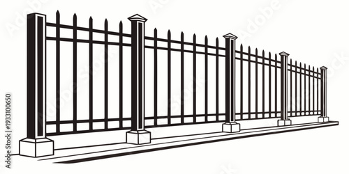 Modern black gate with horizontal bars and vertical posts. Vector