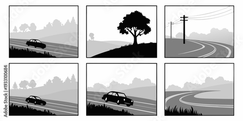 A serene landscape featuring a solitary tree, a windmill, and a winding road Vector