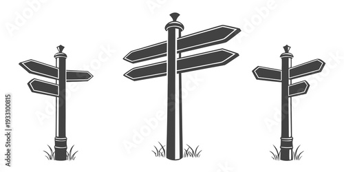 Three vintage style signs pointing in different directions on a grassy field Vector