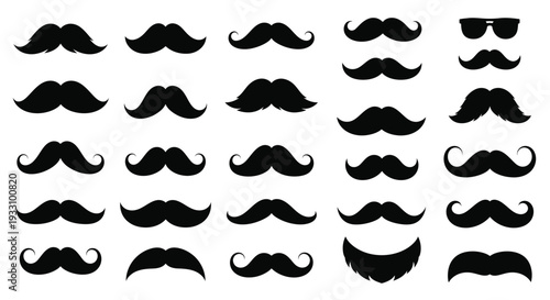 Collection of various mustache shapes and styles in black silhouette