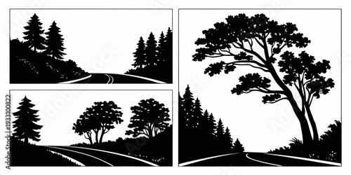 A serene landscape featuring trees and a peaceful countryside scene in black and white Vector