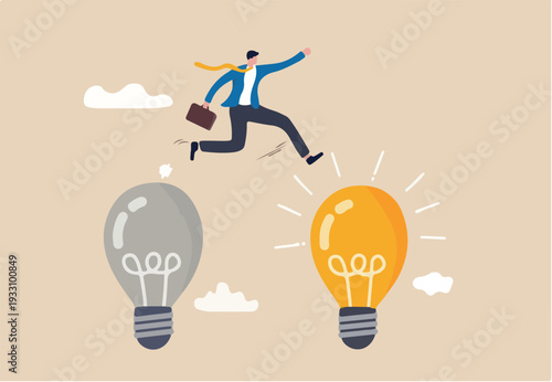 Business transformation, change management or transition to better innovative company, improvement and adaptation to new normal concept, smart businessman jump from old to new shiny lightbulb idea