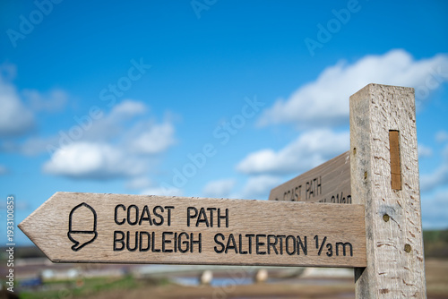 Budleigh Salterton in East Devon. A sign post points to Budleigh Salterton and the coastal walk. Nature reserve. East Devon. 