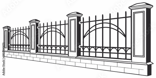 A detailed drawing of a large, ornate, black metal gate with four pillars. Vector