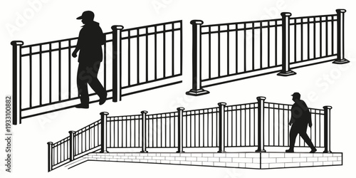 People walking on a bridge over a river with railings on both sides Vector