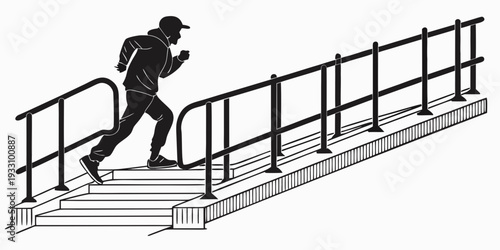 A person running up a set of stairs with a railing on both sides. Vector