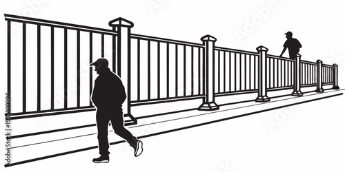 A man walking past a tall fence with a person standing on the other side. Vector