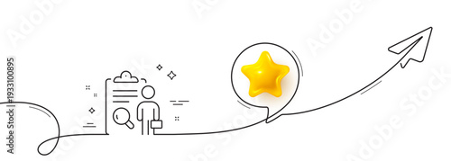 Inspect line icon. Continuous line with share plane. Quality research sign. Verification review list symbol. 3d star in speech bubble. Inspect single line ribbon. Loop curve pattern. Vector