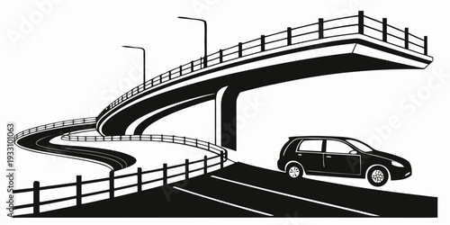 A car driving under a complex overpass with multiple levels and ramps Vector