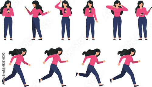 Young woman character action set with walking, running, and phone gestures flat vector illustration collection
