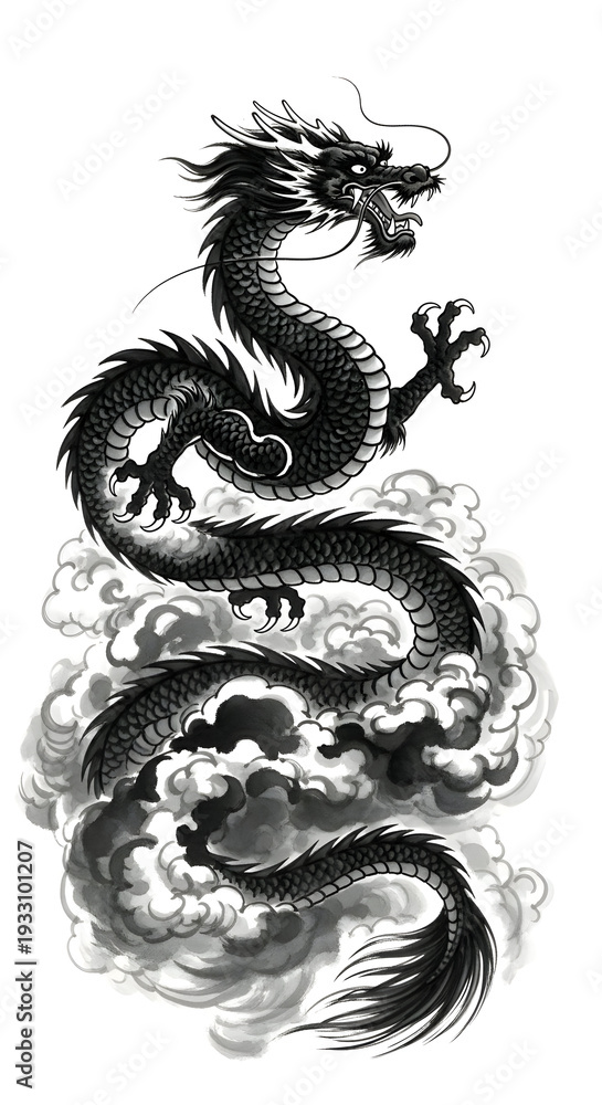 Obraz premium Majestic Chinese Dragon Ascending Through Clouds - A Symbol of Power.