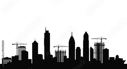 A striking cityscape featuring modern architecture depicted in silhouette