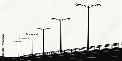 A series of streetlights standing tall along a highway in a black and white illustration Vector