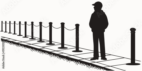 A man standing at the end of a long, empty train platform at night. Vector