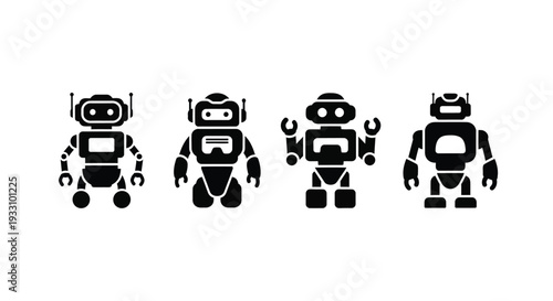 Four black robot icons displayed in a simple graphic silhouette
