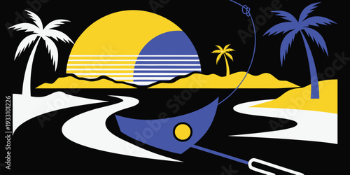 Stylized tropical scene featuring a sunset palms and winding waterway