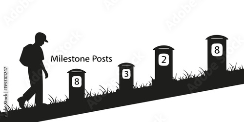 Man standing near milestone posts on a hillside Vector