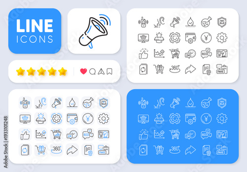 Whisper, Wallet and Waterproof line icons for web app. Message, Share, Like social media icons. Pack of Transmitter, Bid offer, Yen money pictogram icons. Vector