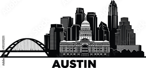 Austin Texas City Skyline Silhouette Featuring Texas State Capitol Building Pennybacker Bridge and Iconic Urban Architecture Black and White Vector Illustration