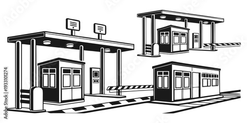 A detailed illustration of a bus stop with various architectural designs Vector