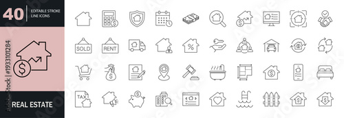 Real estate icon set. Editable line icons. Vector illustration.
