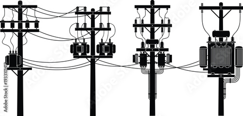 Electrical utility pole silhouettes, transformers, insulators, power lines, distribution setup, infrastructure design, vector illustration, black figures, white background, energy system