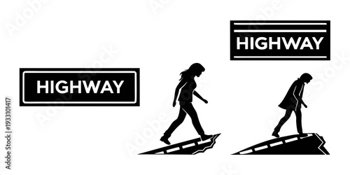 Two individuals walking on a narrow, elevated path with highway signs in the background. Vector