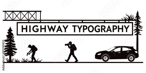 Highway typography with a car, pedestrian, and cyclist in a scenic environment Vector