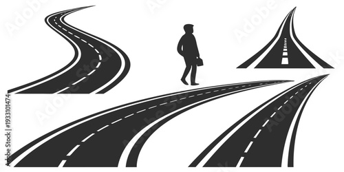 A person standing at a fork in the road, contemplating their next move. Vector