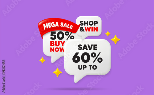 Discount speech bubbles. Mega sale flag ribbon. Save up to 60 percent. Discount Sale offer price sign. Special offer symbol. Discount chat bubbles with 3d sparkles. Vector