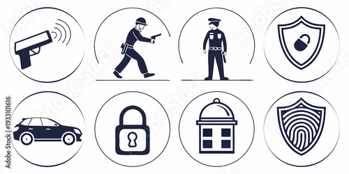 Icons representing various aspects of security and surveillance systems. Vector