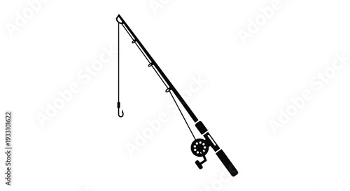 A black silhouette of a fishing rod and hook angling downward