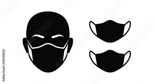 Black silhouette of a face wearing a mask with additional masks