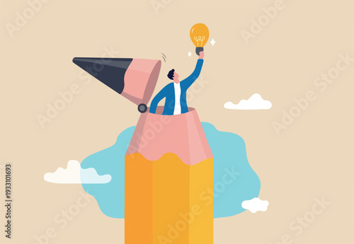Creative idea, inspiration or imagination to think about new idea, creativity, knowledge learning or writing content concept, young creative man open pencil top discover new lightbulb idea