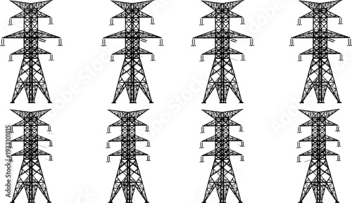 High voltage transmission towers, electricity pylons, power line infrastructure, energy distribution, lattice steel structure, silhouette vector, industrial utility design, stock illustration