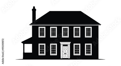 Simple black silhouette of a two story house with a chimney and rectangular windows