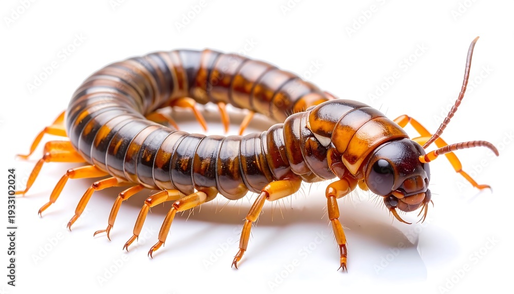 Fototapeta premium A close-up, high-definition photograph of a centipede with a segmented body and numerous legs, set against a clean white background
