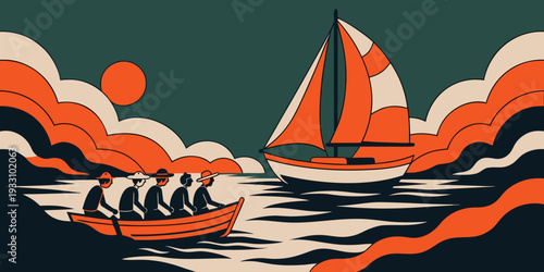 Stylized illustration of a sailboat and rowboat on a wavy sea