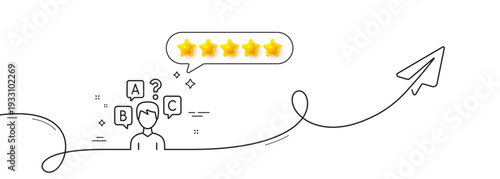 Quiz test line icon. Continuous line with share plane. Select answer sign. Business interview symbol. Five star rate review in speech bubble. Quiz test single line ribbon. Loop curve pattern. Vector