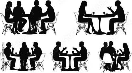People Dining at Restaurant Silhouettes Featuring Couples and Groups Sitting at Tables Having Dinner Drinks and Socializing Black Vector Illustration