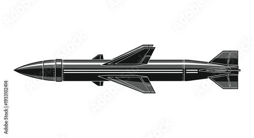 Detailed sketch of a black missile with fins viewed from a side perspective