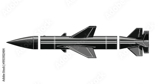 Detailed illustration of a black and gray air to air missile on a white background