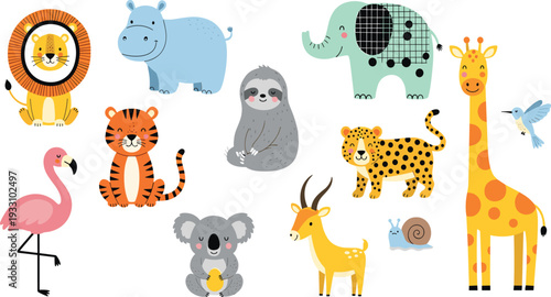 Cute wild animals collection with lion tiger giraffe sloth koala flamingo and more cartoon vector illustration set