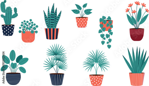 Decorative potted plants collection with cactus succulents flowers and greenery in colorful pots flat vector illustration set