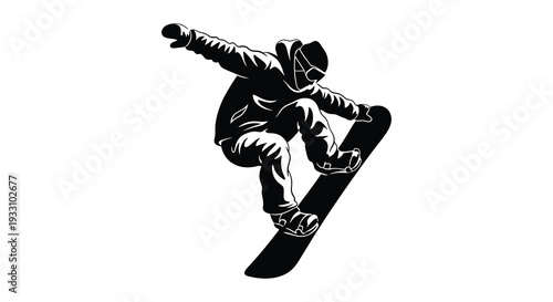 Dynamic illustration of a snowboarder performing an aerial trick in black and white