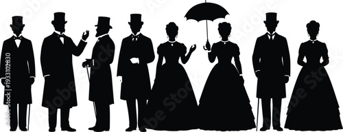 Victorian silhouettes, men women fashion, top hats, parasol, long dresses, formal attire, 19th century style, vector illustration, black figures, white background