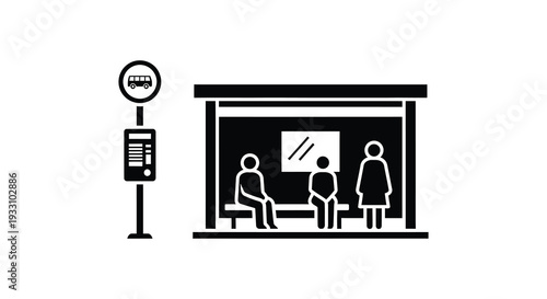 Black and white illustration of a bus stop with people waiting inside